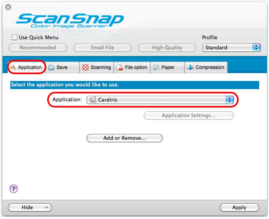 FUJITSU SCANSNAP S1100 DELUXE - In the [Application] pop-up menu in the [Application] tab, select [Cardiris]. - 1