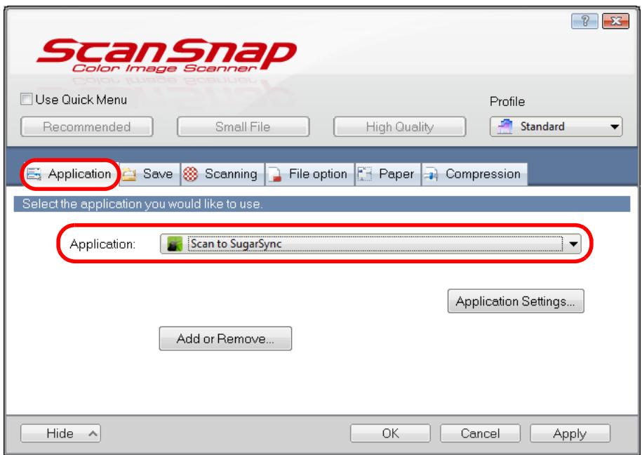 FUJITSU SCANSNAP S1100 DELUXE - In the [Application] drop-down list in the [Application] tab, select [Scan to SugarSync]. - 1