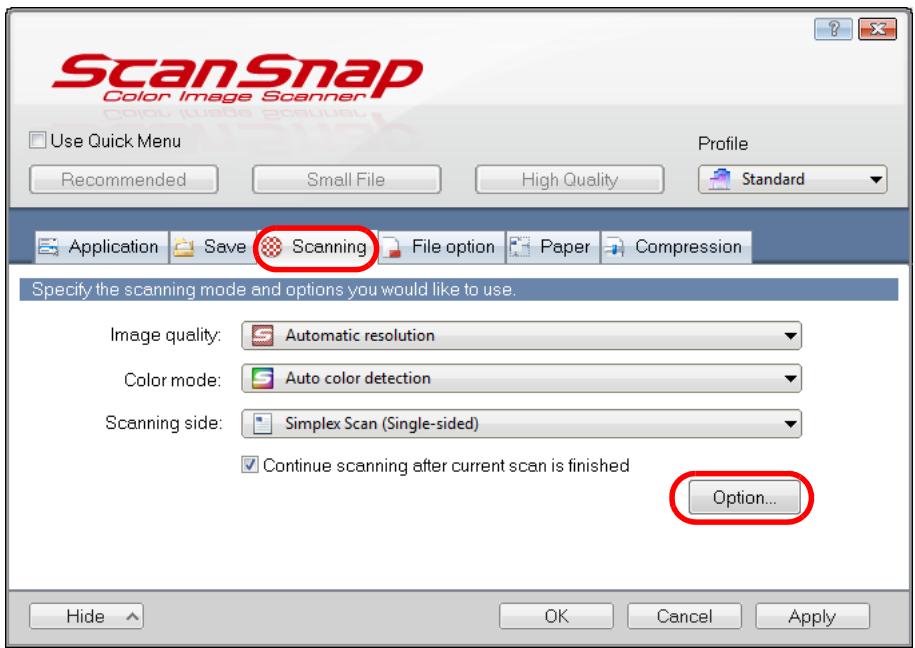 FUJITSU SCANSNAP S1100 DELUXE - Click the [Option] button in the [Scanning] tab. - 1