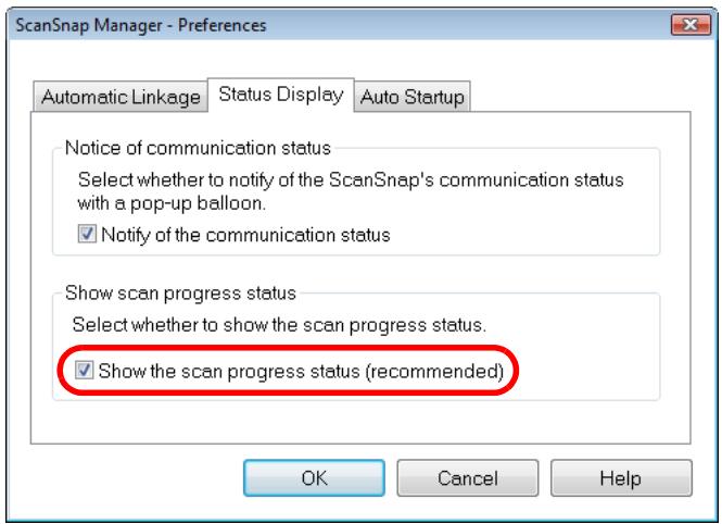 FUJITSU SCANSNAP S1100 DELUXE - In the [Status Display] tab, clear the [Show the scan progress status (recommended)] check box. - 1