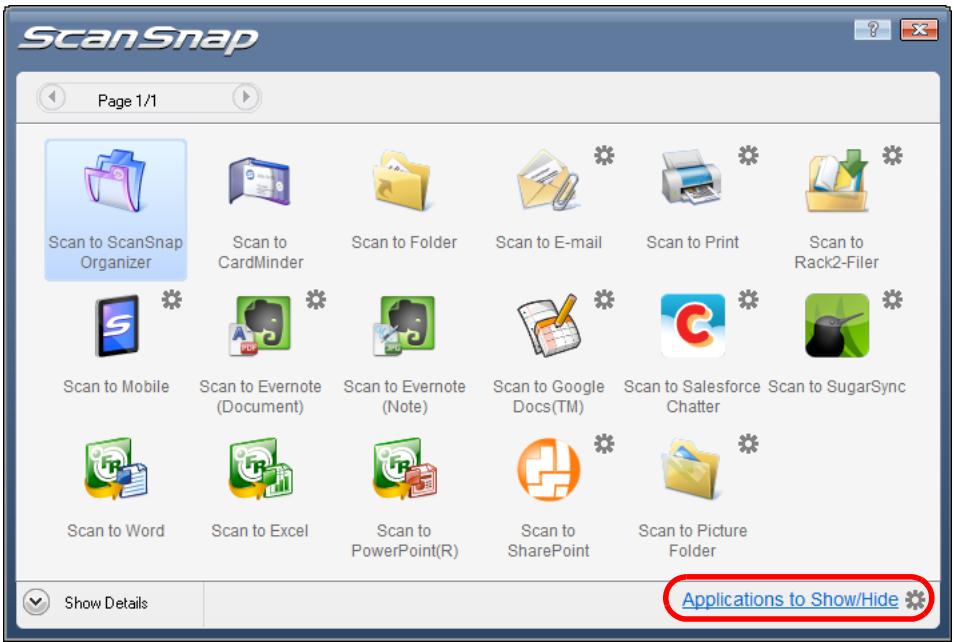 FUJITSU SCANSNAP S1100 DELUXE - Click [Applications to Show/Hide] in the Quick Menu. - 1