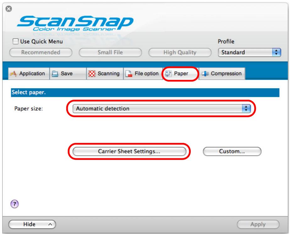 FUJITSU SCANSNAP S1100 DELUXE - In the [Paper] tab select [Automatic detection] in [Paper size], and then click the [Carrier Sheet Settings] button. - 1