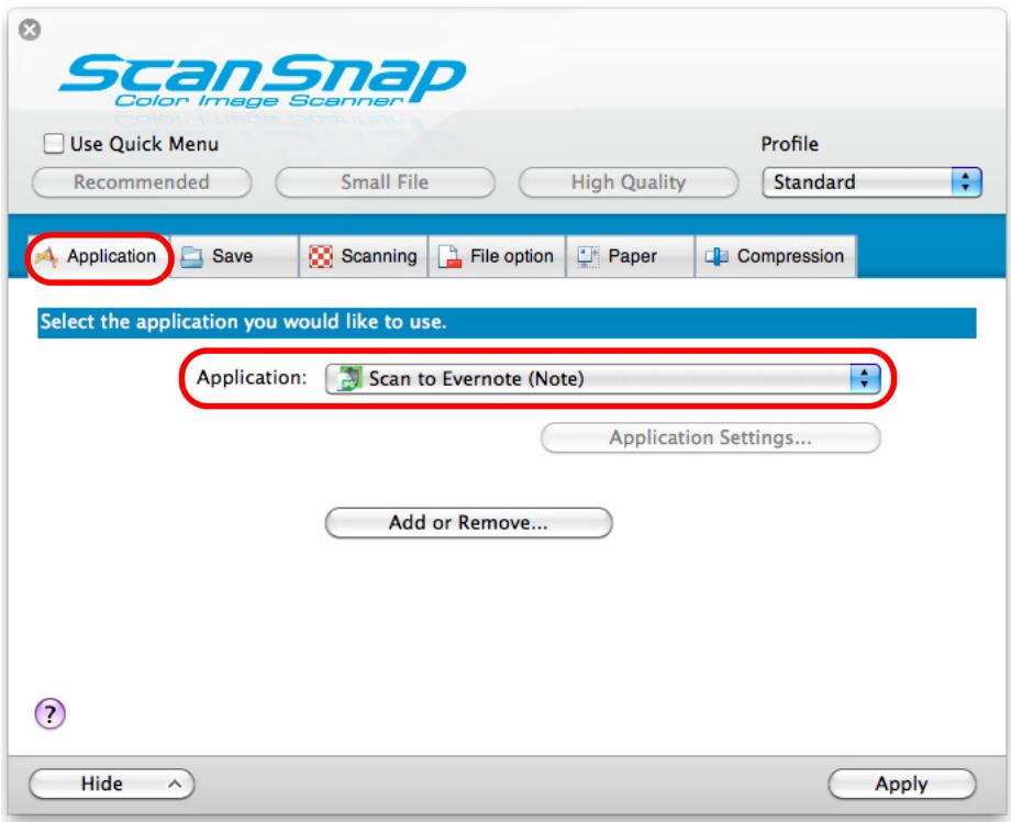 FUJITSU SCANSNAP S1100 DELUXE - In the [Application] pop-up menu in the [Application] tab, select [Scan to Evernote (Note)]. - 1