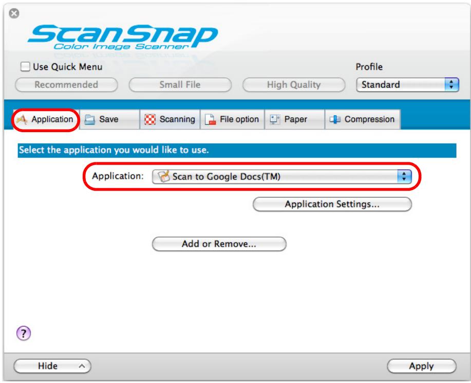 FUJITSU SCANSNAP S1100 DELUXE - In the [Application] pop-up menu in the [Application] tab, select [Scan to Google Docs(TM)]. - 1