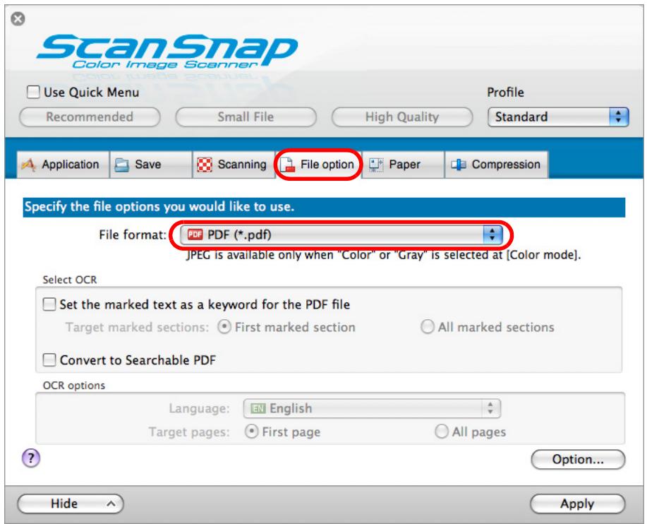 FUJITSU SCANSNAP S1100 DELUXE - From the [File format] pop-up menu in the [File option] tab, select [PDF (.pdf)]. - 1