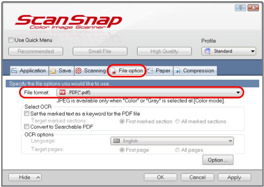 FUJITSU SCANSNAP S1100 DELUXE - From the [File format] drop-down list in the [File option] tab, select [PDF (.pdf)]. - 1