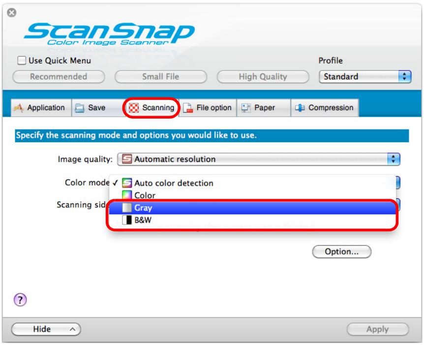 FUJITSU SCANSNAP S1100 DELUXE - From the [Color mode] pop-up menu in the [Scanning] tab, select [Gray] or [B&amp;W]. - 1