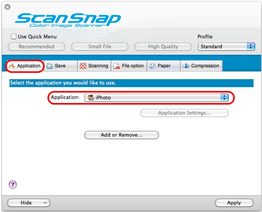 FUJITSU SCANSNAP S1100 DELUXE - From the [Application] pop-up menu in the [Application] tab, select [iPhoto]. - 1