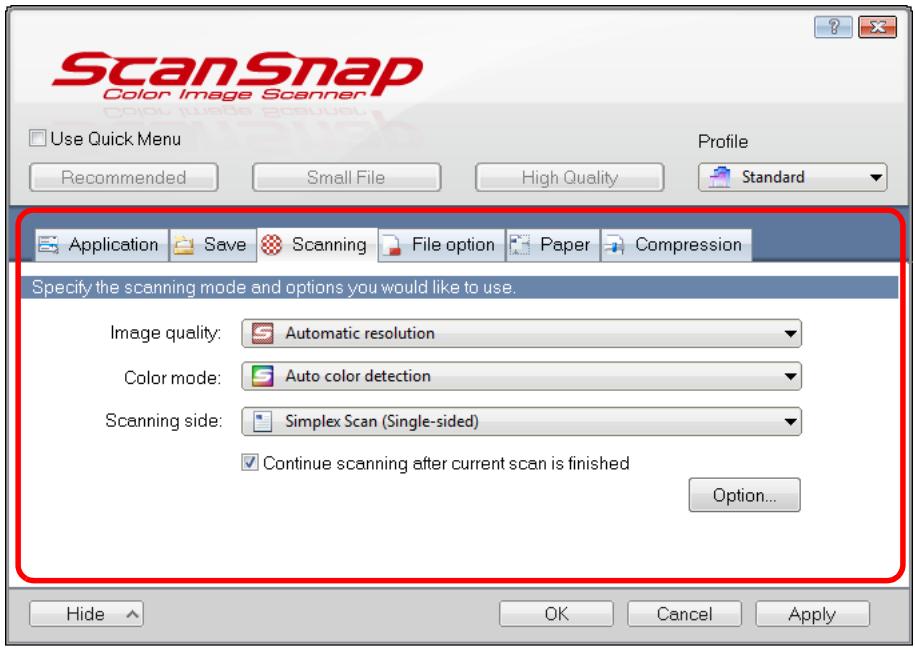 FUJITSU SCANSNAP S1100 DELUXE - Configure the scan settings in each tab. - 1