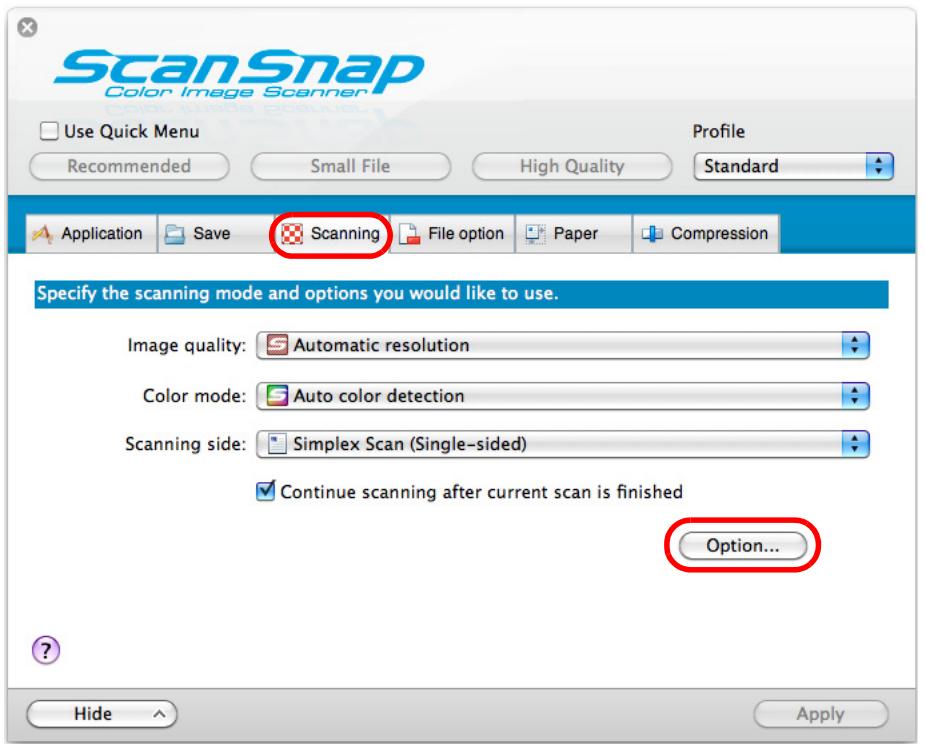 FUJITSU SCANSNAP S1100 DELUXE - Click the [Option] button in the [Scanning] tab. - 1