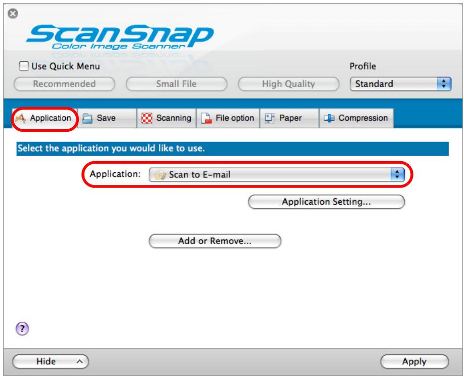 FUJITSU SCANSNAP S1100 DELUXE - In the [Application] pop-up menu in the [Application] tab, select [Scan to E-mail]. - 1