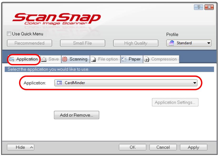FUJITSU SCANSNAP S1100 DELUXE - In the [Application] drop-down list in the [Application] tab, select [CardMinder]. - 1