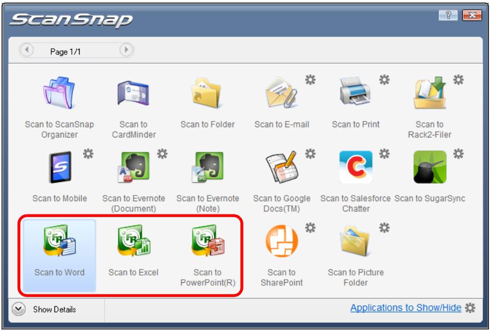 FUJITSU SCANSNAP S1100 DELUXE - Click the [Scan to Word], [Scan to Excel] or [Scan to PowerPoint(R)] icon. - 1