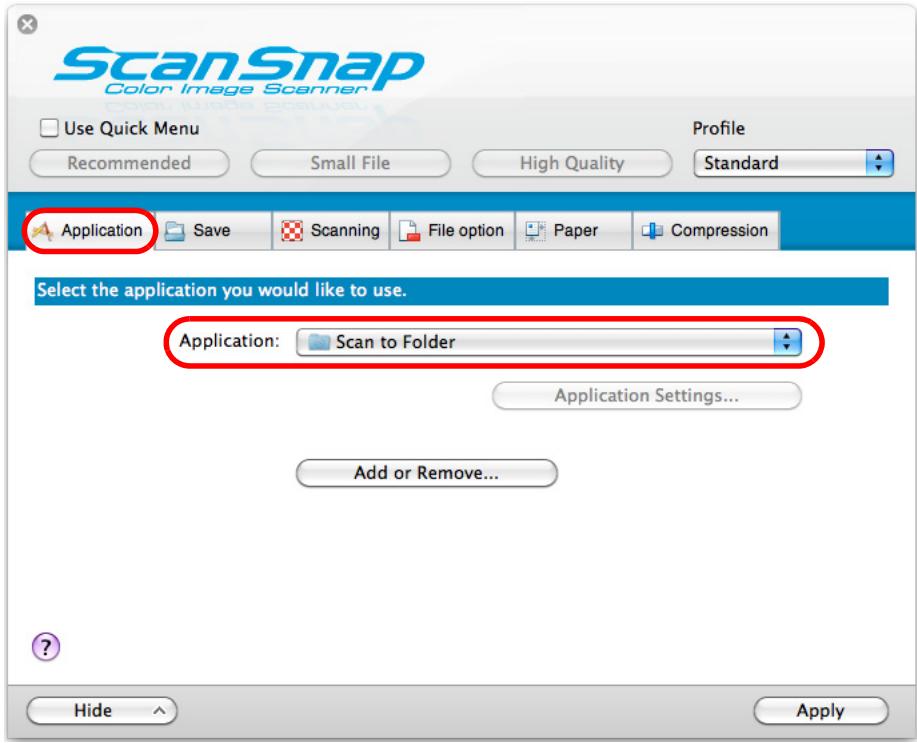 FUJITSU SCANSNAP S1100 DELUXE - In the [Application] pop-up menu in the [Application] tab, select [Scan to Folder]. - 1