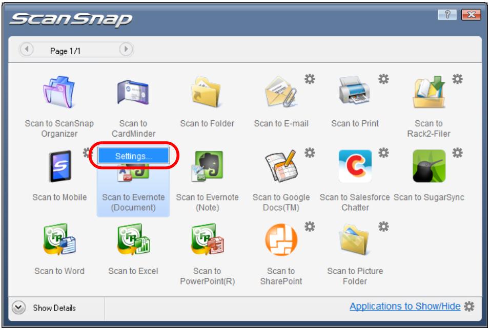FUJITSU SCANSNAP S1100 DELUXE - Change the settings for [Scan to Evernote (Document)] (If you do not want to change any settings, go to step 5.). - 1