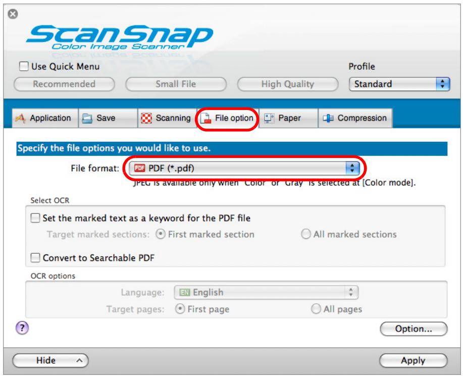 FUJITSU SCANSNAP S1100 DELUXE - From the [File format] pop-up menu in the [File option] tab, select [PDF (.pdf)]. - 1