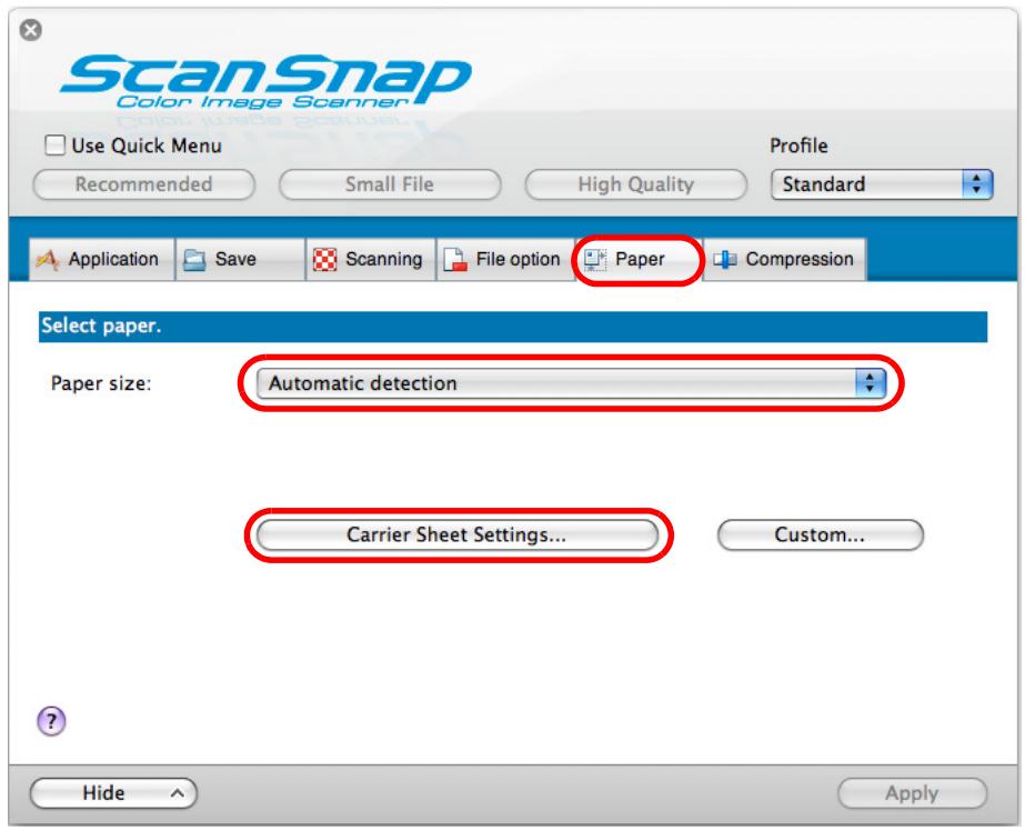FUJITSU SCANSNAP S1100 DELUXE - In the [Paper] tab, select [Automatic detection] in [Paper size], and then click the [Carrier Sheet Settings] button. - 1