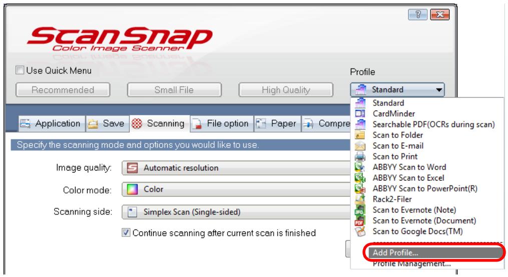 FUJITSU SCANSNAP S1100 DELUXE - Select [Add Profile] from the [Profile] drop-down list. - 1