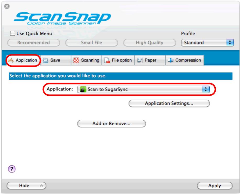 FUJITSU SCANSNAP S1100 DELUXE - In the [Application] pop-up menu in the [Application] tab, select [Scan to SugarSync]. - 1