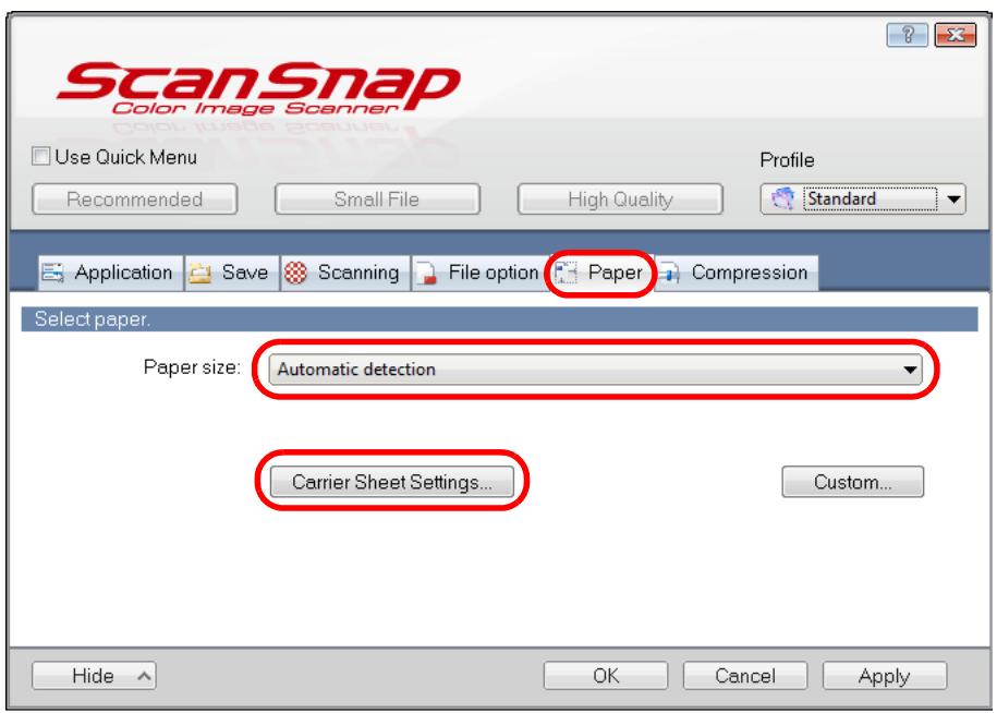 FUJITSU SCANSNAP S1100 DELUXE - In the [Paper] tab, select [Automatic detection] in [Paper size], and then click the [Carrier Sheet Settings] button. - 1