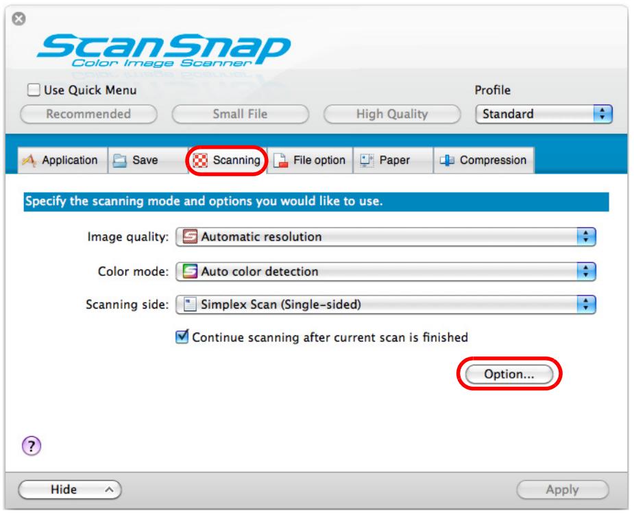 FUJITSU SCANSNAP S1100 DELUXE - Click the [Option] button in the [Scanning] tab. - 1