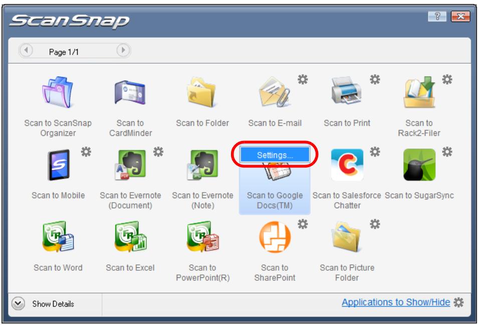 FUJITSU SCANSNAP S1100 DELUXE - Change the settings for [Scan to Google Docs(TM)] (If you do not want to change any settings, go to step 5.). - 1
