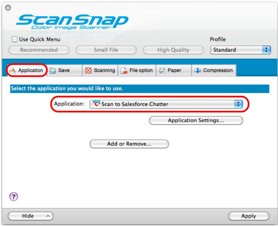 FUJITSU SCANSNAP S1100 DELUXE - In the [Application] pop-up menu in the [Application] tab, select [Scan to Salesforce Chatter]. - 1