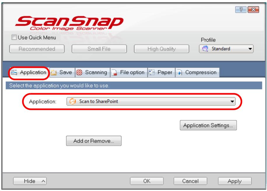 FUJITSU SCANSNAP S1100 DELUXE - In the [Application] drop-down list in the [Application] tab, select [Scan to SharePoint]. - 1