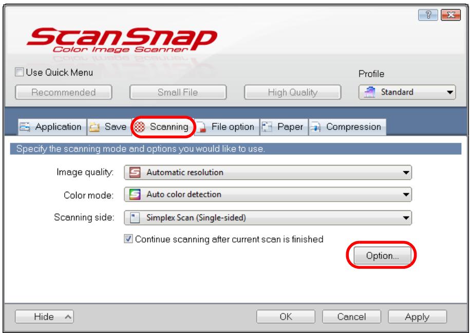 FUJITSU SCANSNAP S1100 DELUXE - Click the [Option] button in the [Scanning] tab. - 1