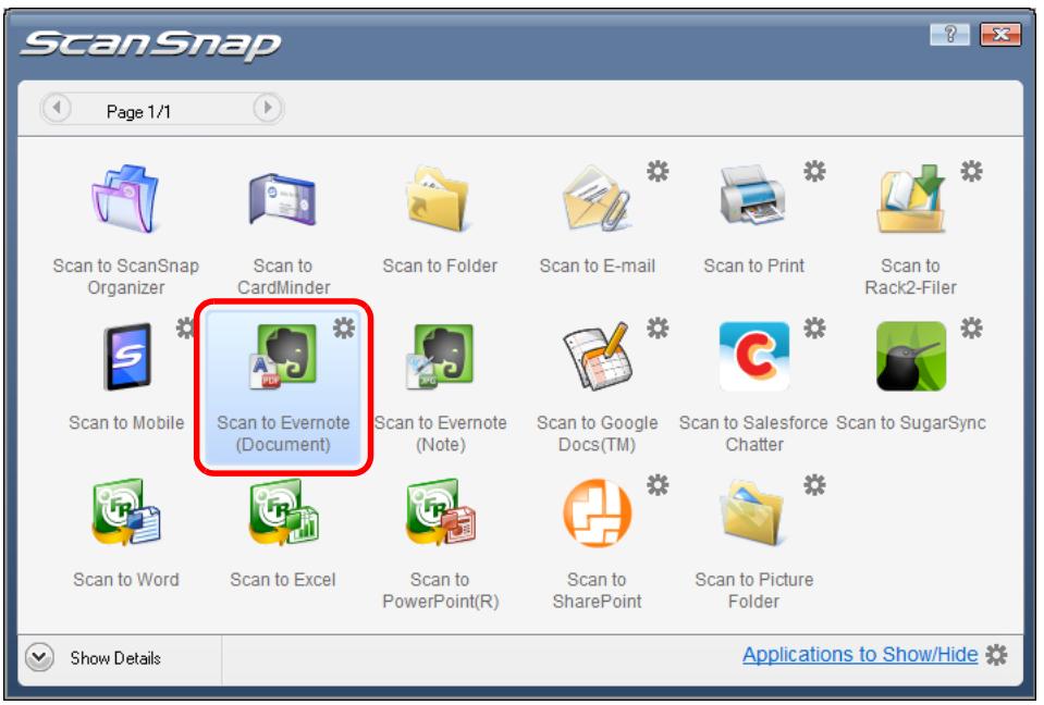 FUJITSU SCANSNAP S1100 DELUXE - Click the [Scan to Evernote (Document)] icon. - 1