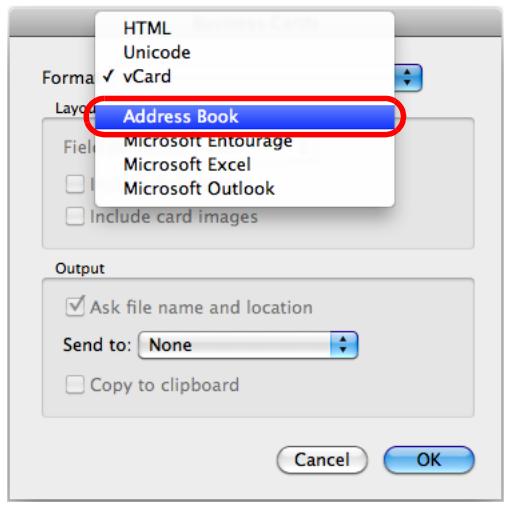 FUJITSU SCANSNAP S1100 DELUXE - Select [Address Book] in the [Format] pop-up menu. - 1