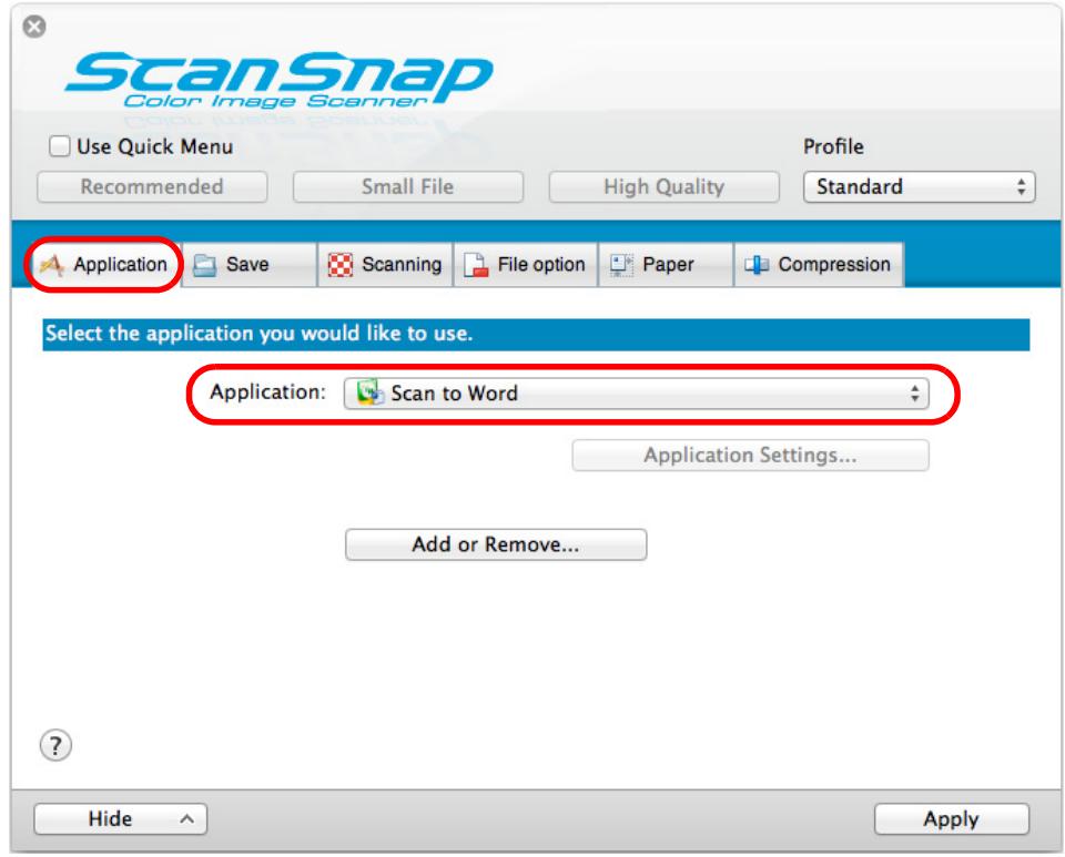 FUJITSU SCANSNAP S1300I DELUXE - In the [Application] pop-up menu in the [Application] tab, select [Scan to Word] or [Scan to Excel]. - 1