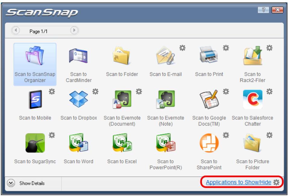 FUJITSU SCANSNAP S1300I DELUXE - Click [Applications to Show/Hide] in the Quick Menu. - 1