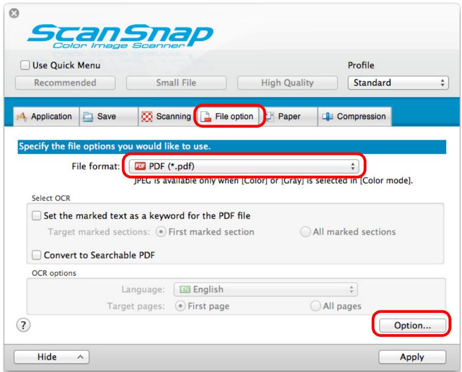 FUJITSU SCANSNAP S1300I DELUXE - In the [File format] pop-up menu in the [File option] tab, select [PDF (.pdf)], and then click the [Option] button. - 1