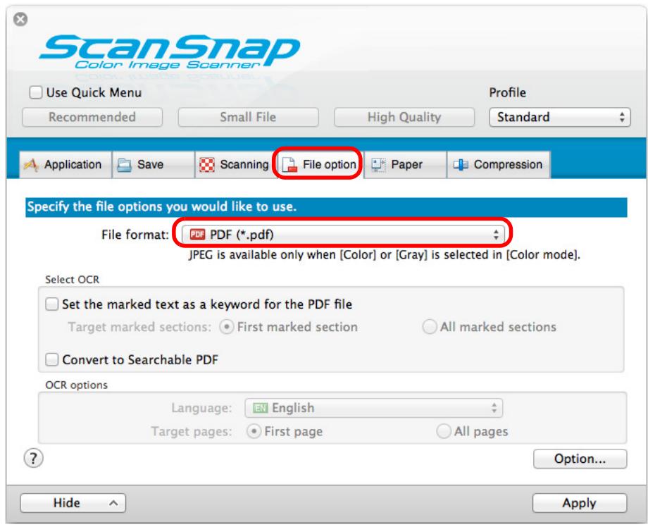 FUJITSU SCANSNAP S1300I DELUXE - In the [File format] pop-up menu in the [File option] tab, select [PDF (.pdf)]. - 1