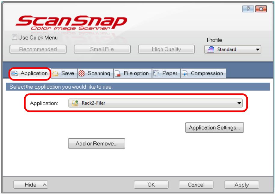 FUJITSU SCANSNAP S1300I DELUXE - In the [Application] drop-down list in the [Application] tab, select [Rack2-Filer]. - 1