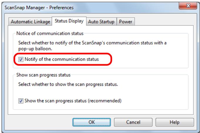 FUJITSU SCANSNAP S1300I DELUXE - In the [Status Display] tab, either select or clear the [Notify of the communication status] check box. - 1