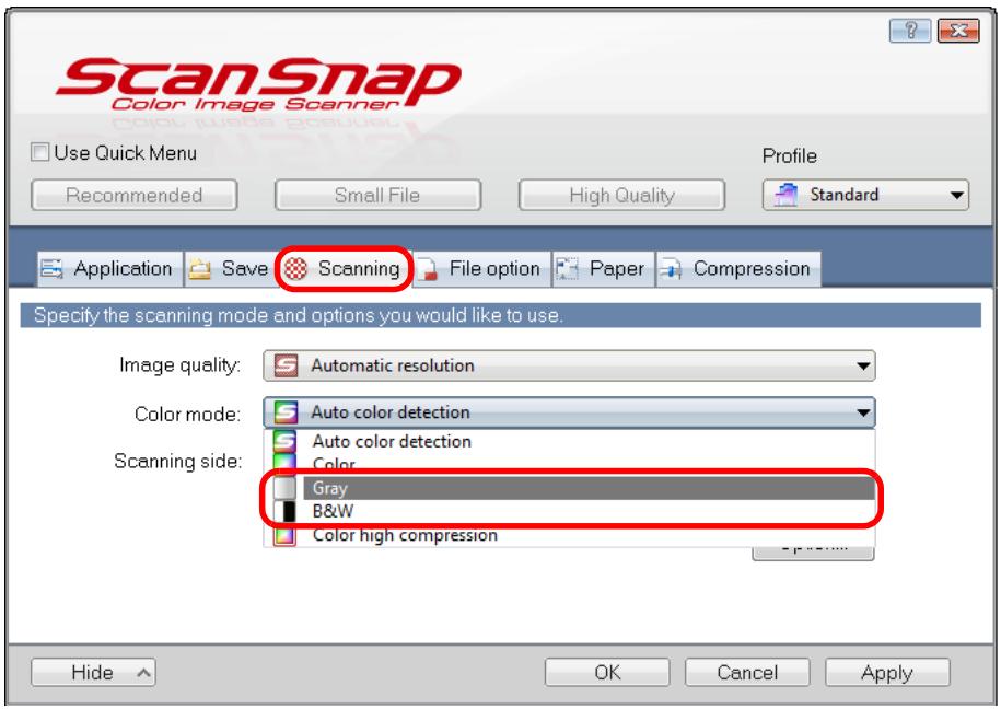 FUJITSU SCANSNAP S1300I DELUXE - In [Color mode] drop-down list in the [Scanning] tab, select [Gray] or [B&amp;W]. - 1