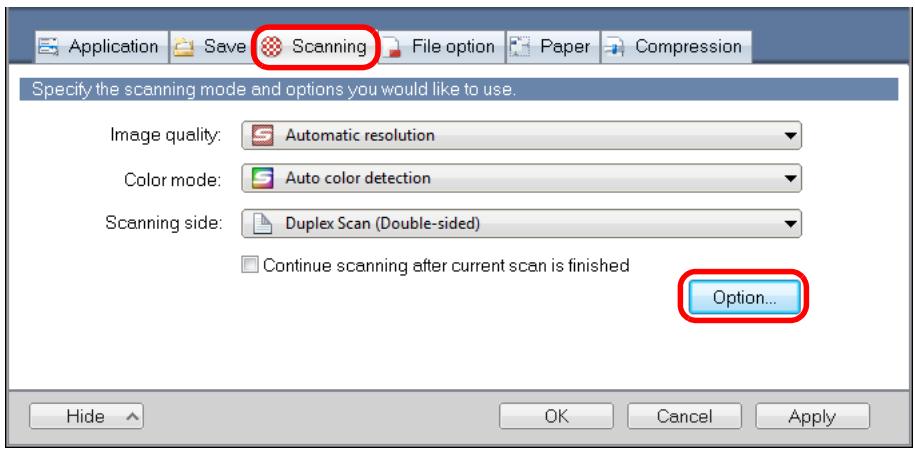 FUJITSU SCANSNAP S1300I DELUXE - Click the [Option] button in the [Scanning] tab. - 1