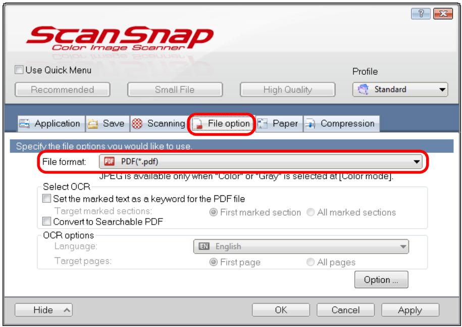 FUJITSU SCANSNAP S1300I DELUXE - In the [File format] drop-down list in the [File option] tab, select [PDF (.pdf)]. - 1