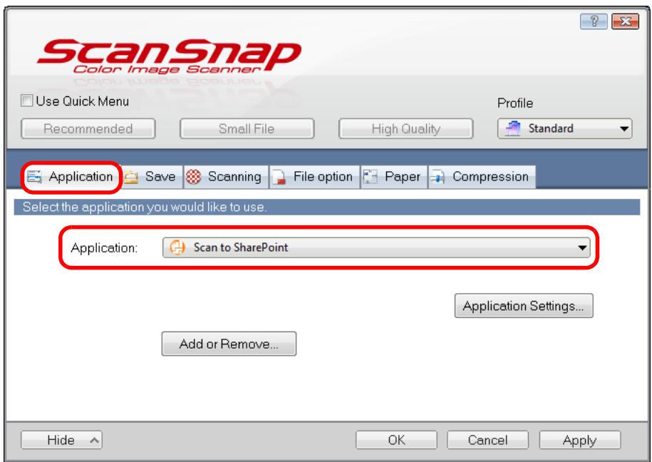 FUJITSU SCANSNAP S1300I DELUXE - In the [Application] drop-down list in the [Application] tab, select [Scan to SharePoint]. - 1