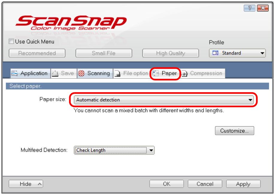 FUJITSU SCANSNAP S1300I DELUXE - In the [Paper] tab, select [Automatic detection] in [Paper size]. - 1