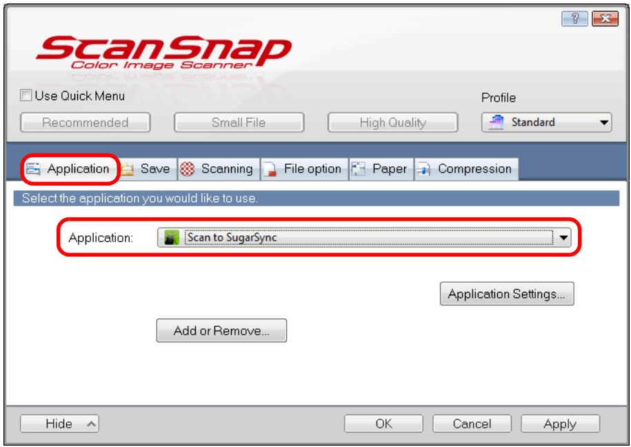 FUJITSU SCANSNAP S1300I DELUXE - In the [Application] drop-down list in the [Application] tab, select [Scan to SugarSync]. - 1