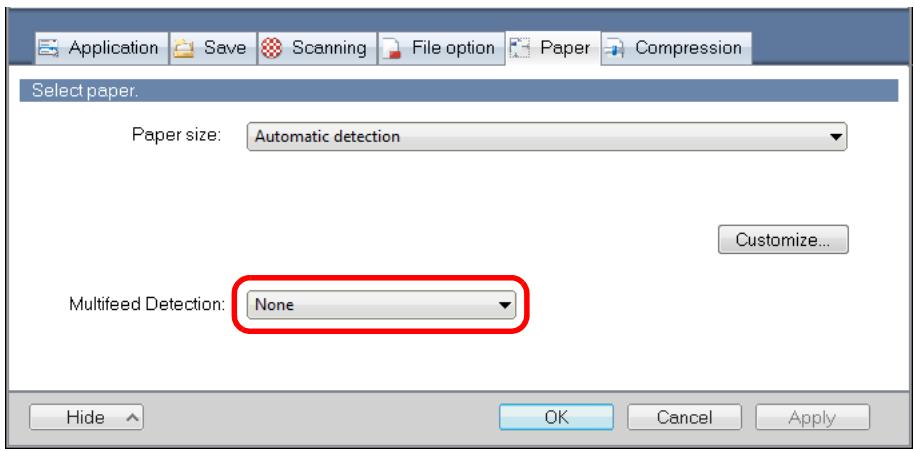FUJITSU SCANSNAP S1300I DELUXE - Select [None] in [Multifeed Detection] drop-down list. - 1
