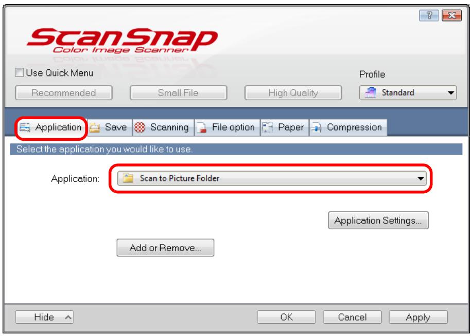 FUJITSU SCANSNAP S1300I DELUXE - In the [Application] drop-down list in the [Application] tab, select [Scan to Picture Folder]. - 1