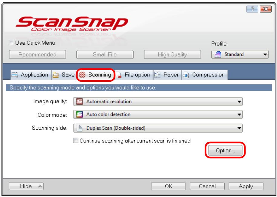 FUJITSU SCANSNAP S1300I DELUXE - Click the [Option] button in the [Scanning] tab. - 1