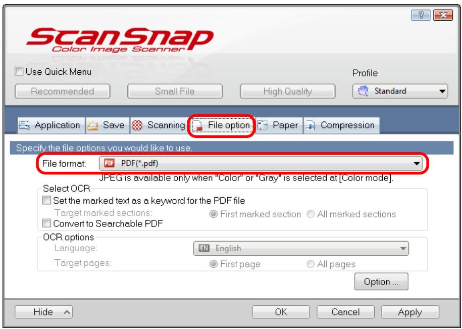FUJITSU SCANSNAP S1300I DELUXE - In the [File format] drop-down list in the [File option] tab, select [PDF (.pdf)]. - 1