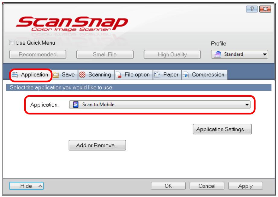 FUJITSU SCANSNAP S1300I DELUXE - In the [Application] drop-down list in the [Application] tab, select [Scan to Mobile]. - 1