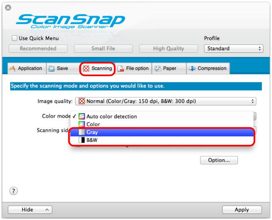 FUJITSU SCANSNAP S1300I DELUXE - In the [Color mode] pop-up menu in the [Scanning] tab, select [Gray] or [B&amp;W]. - 1