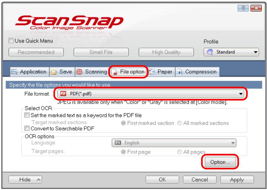 FUJITSU SCANSNAP S1300I DELUXE - In the [File format] drop-down list in the [File option] tab, select [PDF (.pdf)], and then click the [Option] button. - 1